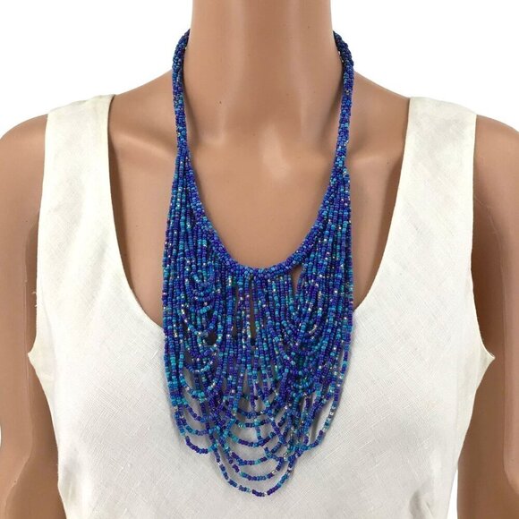 Chicos Draped Beaded Necklace Blue Purple Boho Glam Adjustable Length - Picture 1 of 2